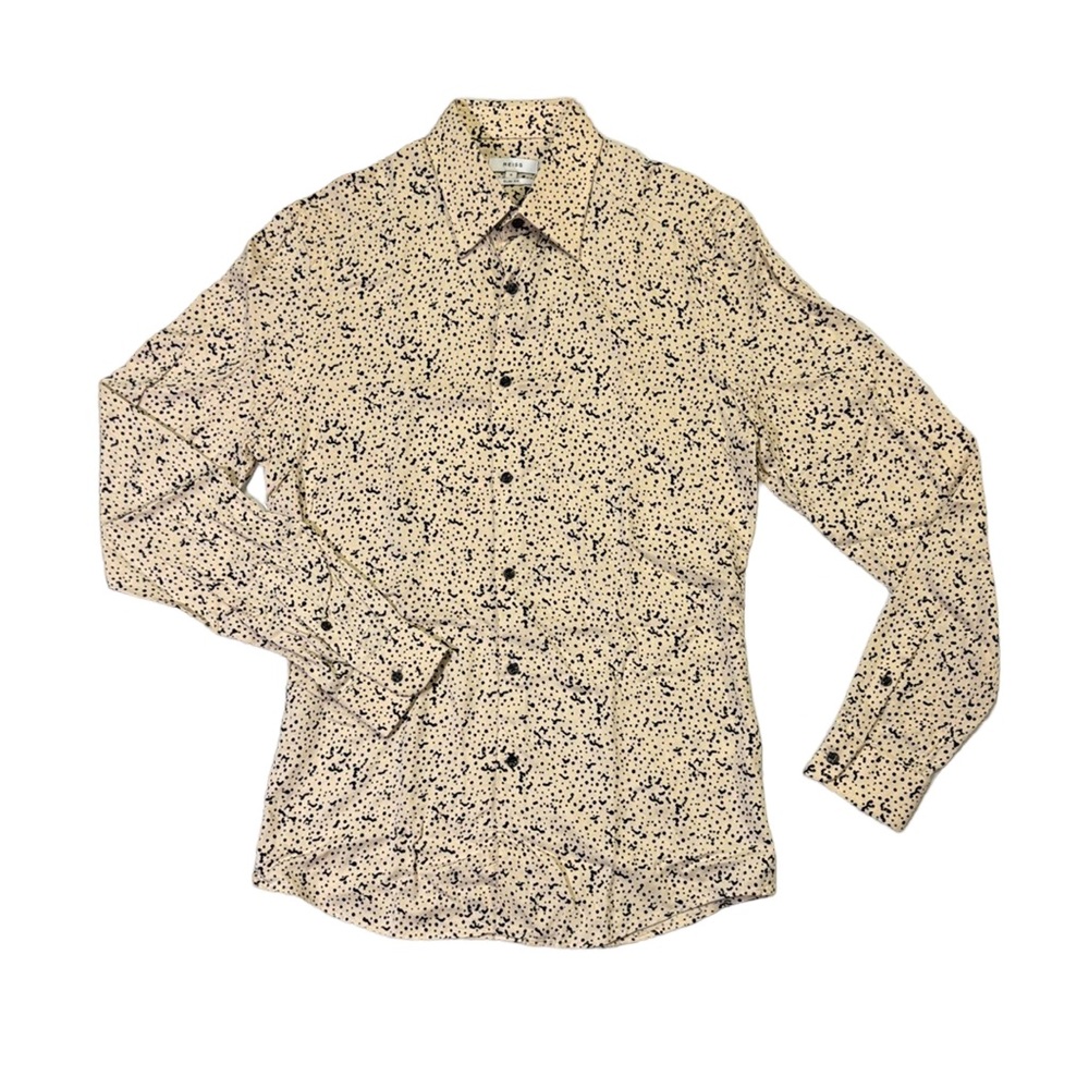 Reiss mens S Small slim fit cream colored cheetah style print viscose shirt EUC